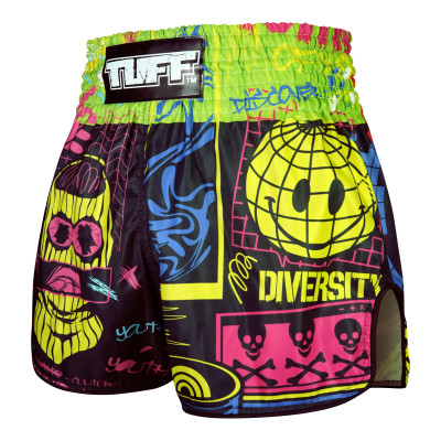 TUFF Muay Thai Boxing Shorts High-Cut Retro Style "Neon Graffiti"  2